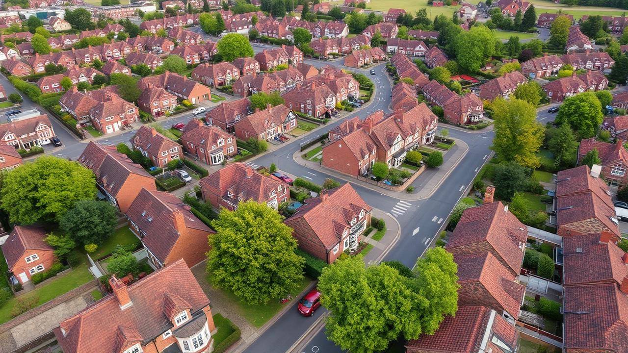 Aerial view of Droitwich Spa residential streets showing red brick houses with traditional tiled roofs