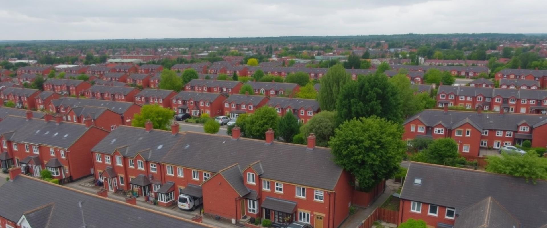 Aerial view of Stoke-on-Trent residential neighbourhood with brick terraced houses and slate roofs
