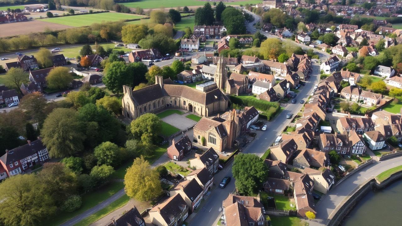 Aerial view of Tewkesbury showing the medieval abbey and residential streets with traditional rooftops