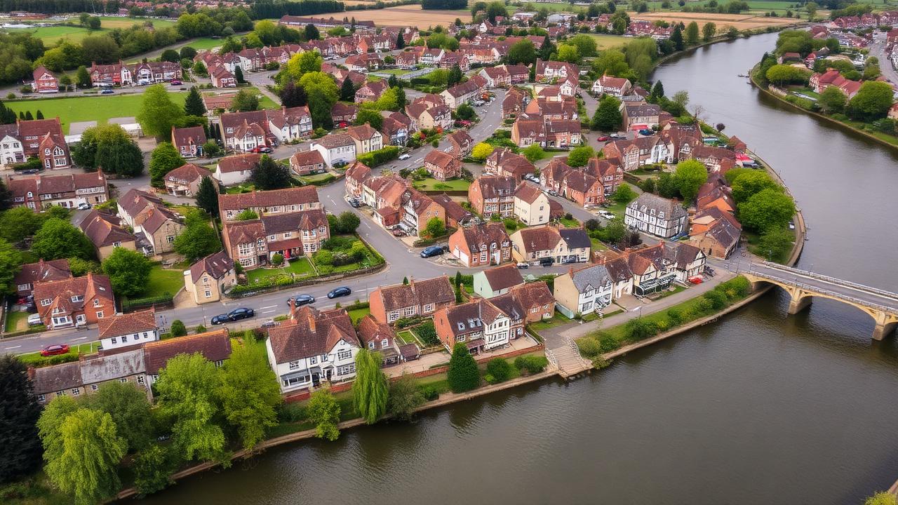 Aerial view of Upton upon Severn showing riverside properties with traditional roofs and the bridge over the River Severn