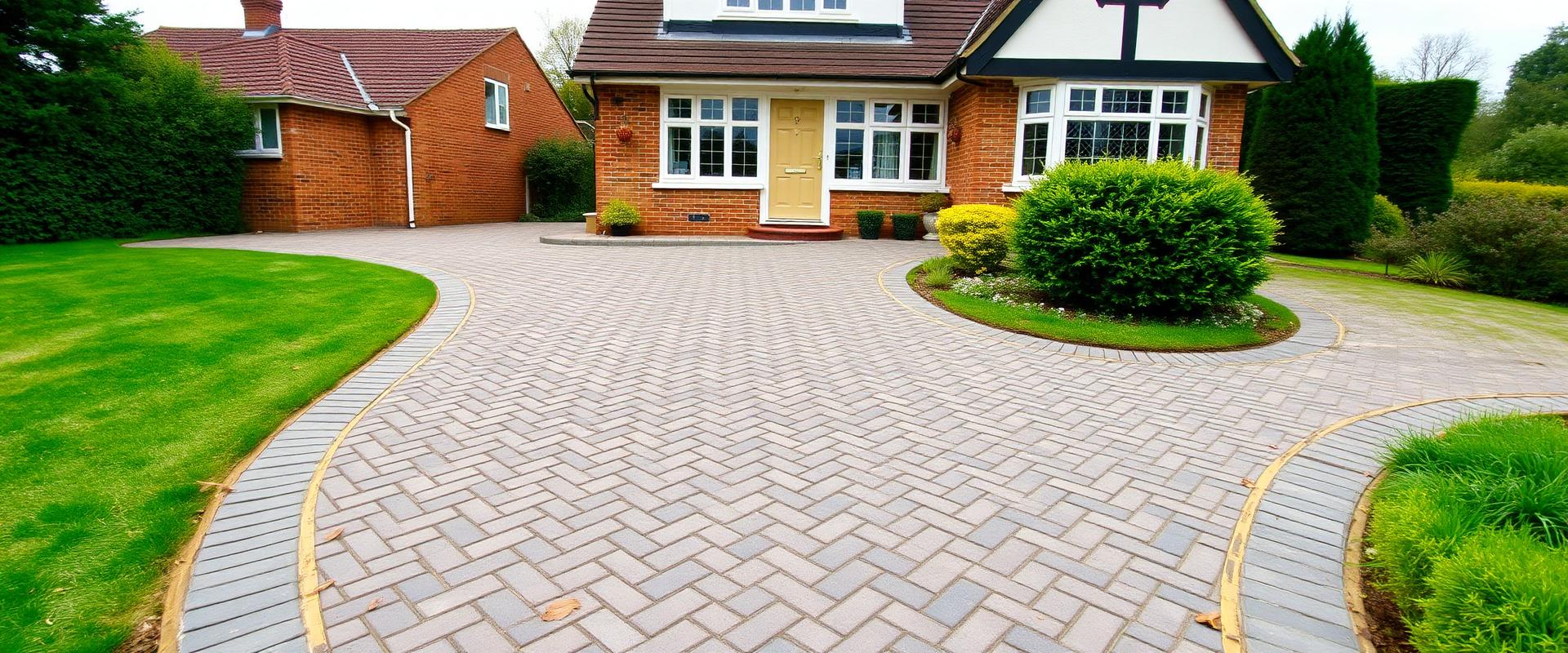 Completed herringbone block-paved driveway on a detached house with neat edging and landscaping