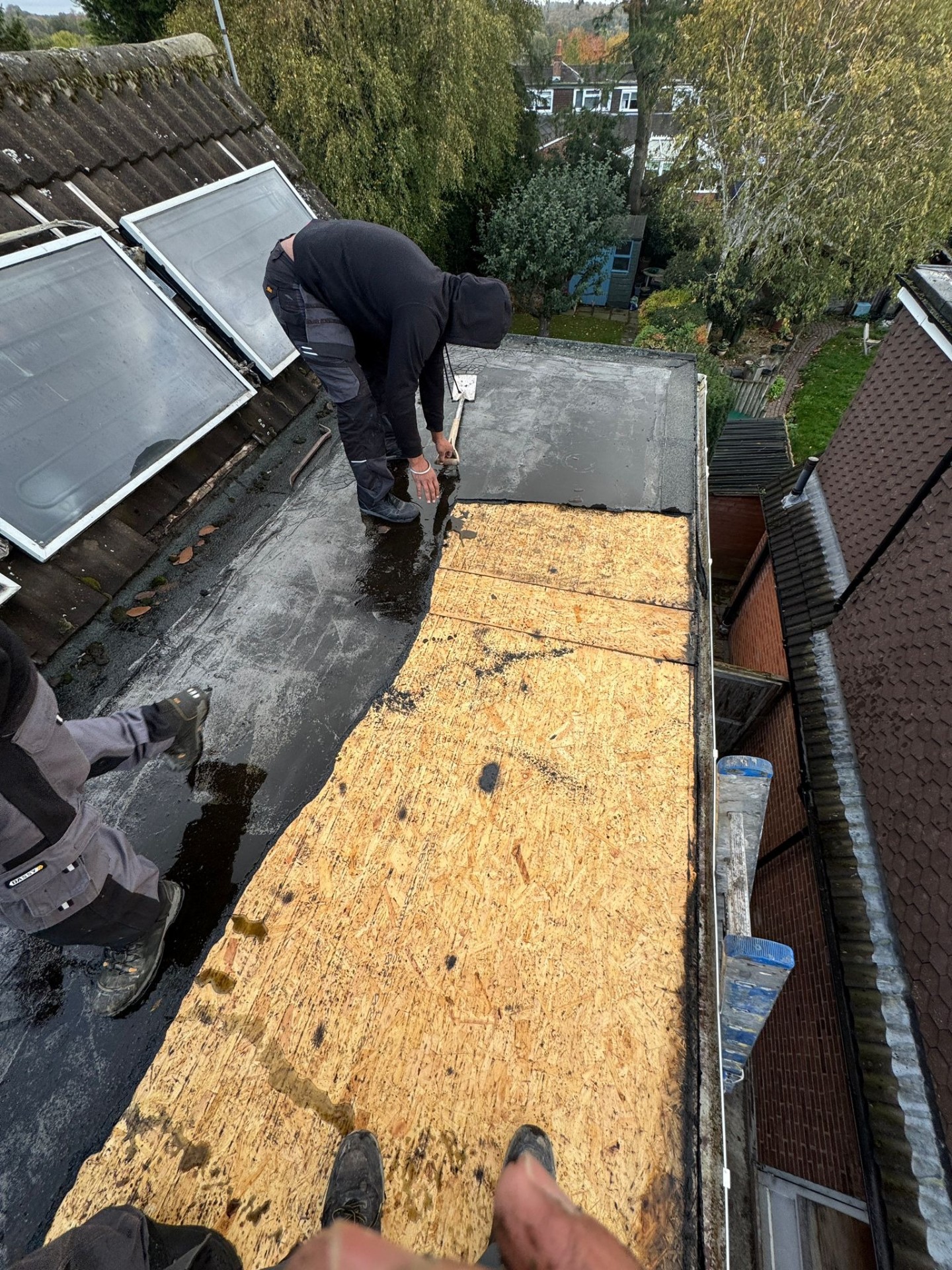 Old flat roof membrane being stripped back to reveal OSB deck during replacement