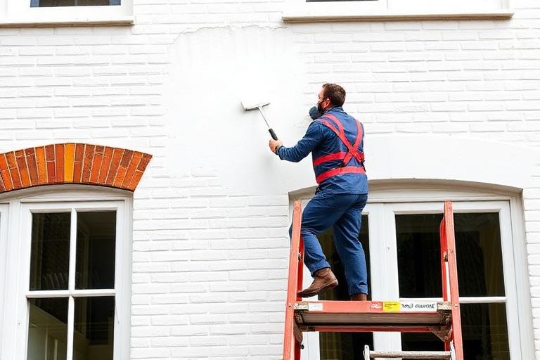 Professional painter applying masonry paint to a house exterior