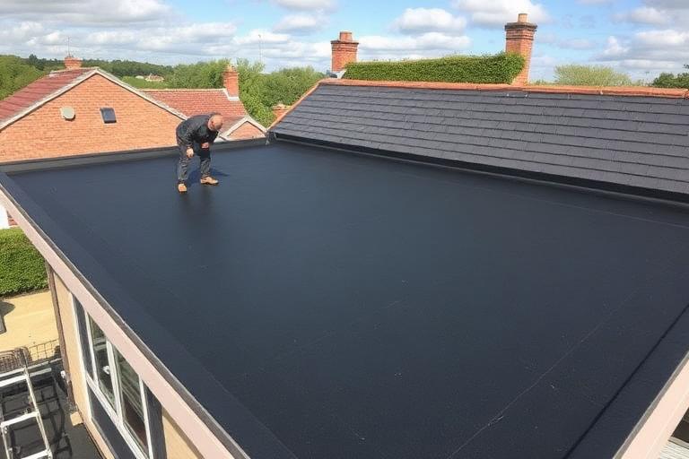 EPDM flat roof membrane installation on a house extension